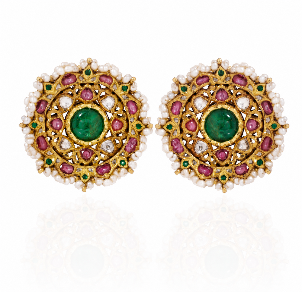 22K Gold Rainbow Sapphire Halo Earrings