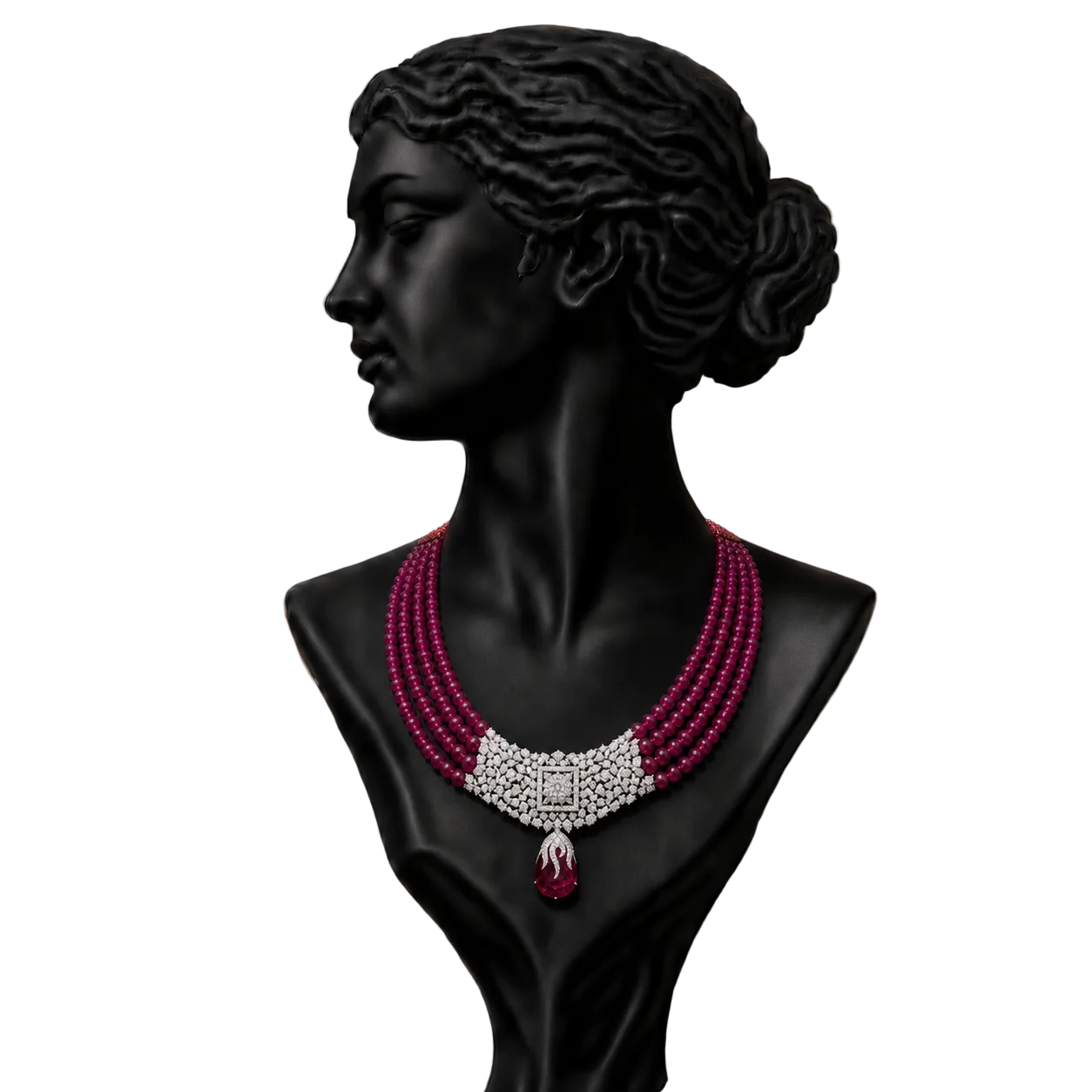 A black mannequin bust wearing a multi-strand necklace with deep magenta beads, a silver-toned pavé-style center, and a dangling magenta teardrop charm.