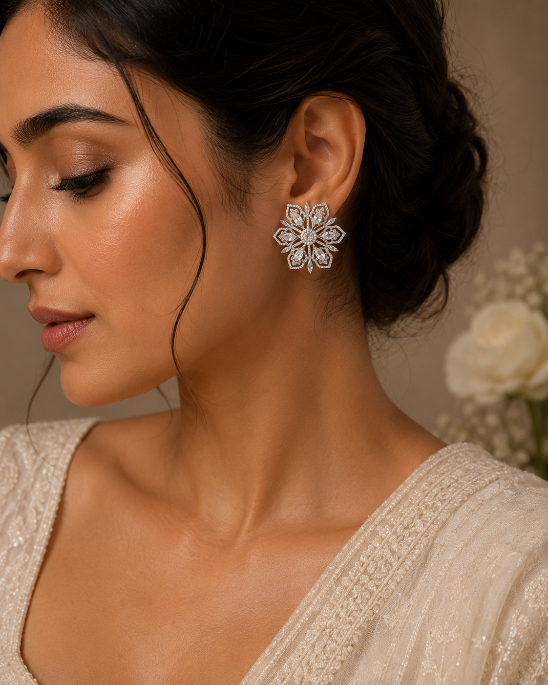 18K White Gold Diamond Floral Cluster Earrings