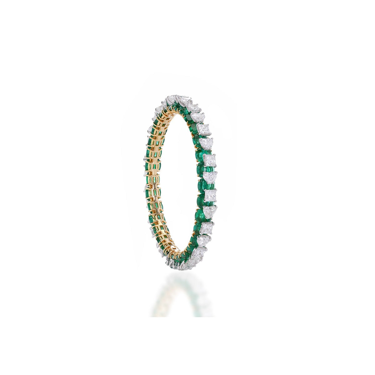 Columbian Emerald Heart Princess Diamond Bracelet in 18K Gold