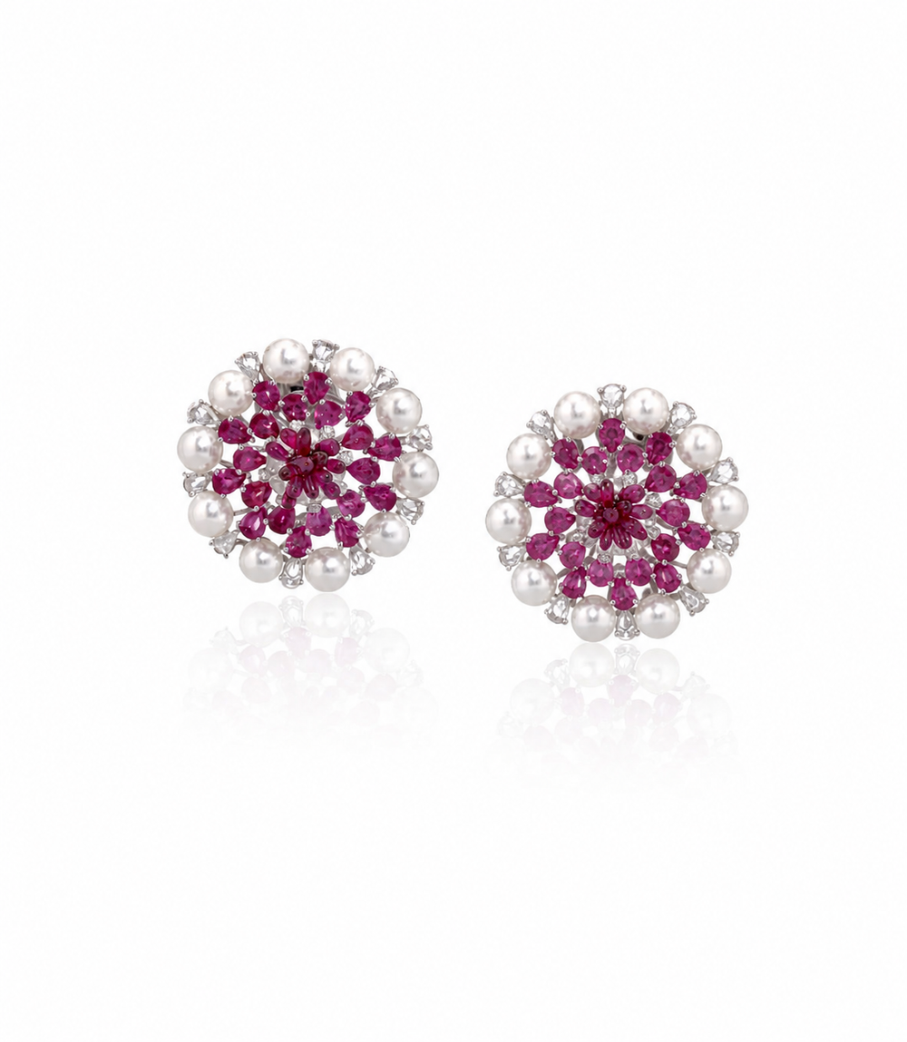Ruby Halo Diamond Stud Earrings in 18K White Gold | Luxury Fine Jewellery