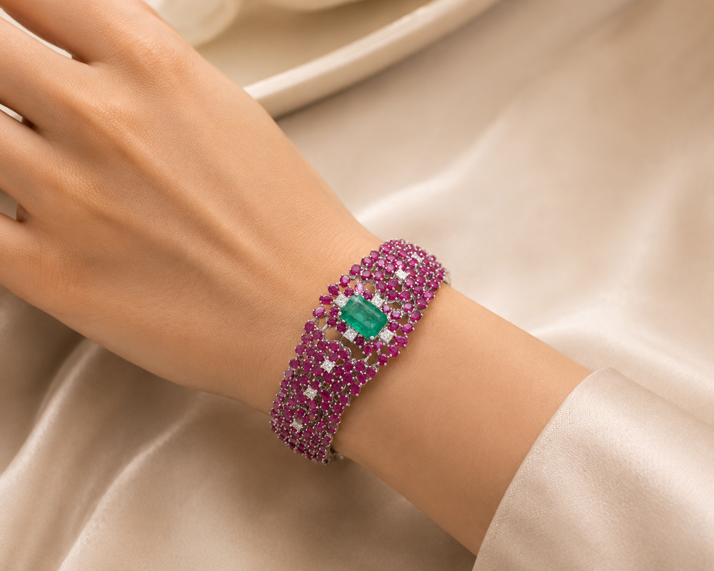 Rosé Verde Ruby Emerald Diamond Bracelet in 14K Gold