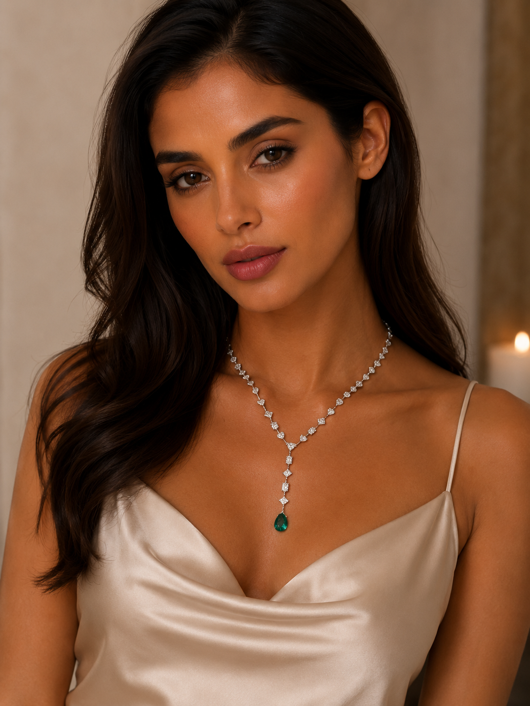 Fancy Cut Diamond Necklace with Emerald Drop in 18K Gold