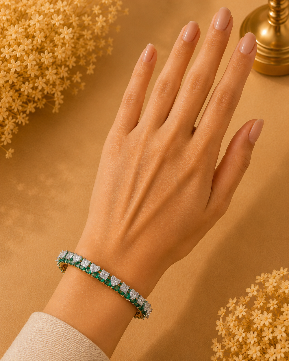 Columbian Emerald Heart Princess Diamond Bracelet in 18K Gold
