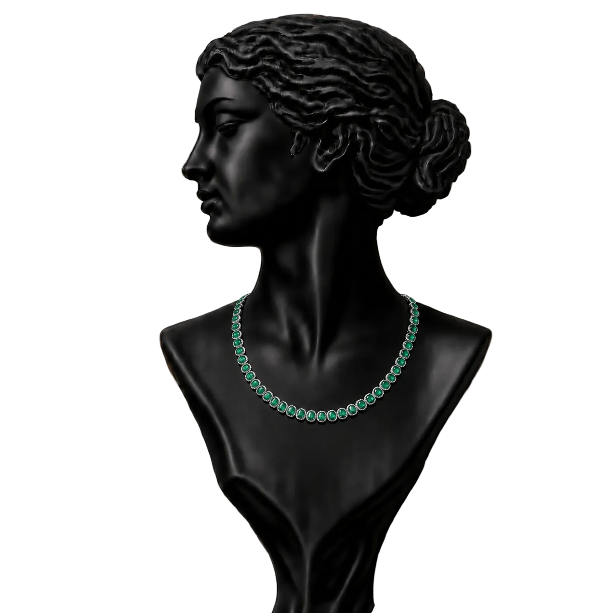 A black classical-style bust display wearing a necklace of round green gemstones.