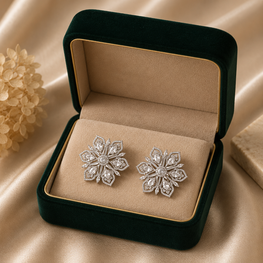 18K White Gold Diamond Floral Cluster Earrings