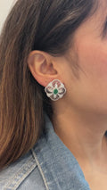 18K White Gold Emerald Diamond Floral Earrings