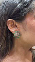 18K White Gold Emerald Floral Diamond Stud Earrings