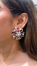 18K White Gold Ruby Floral Diamond Earrings